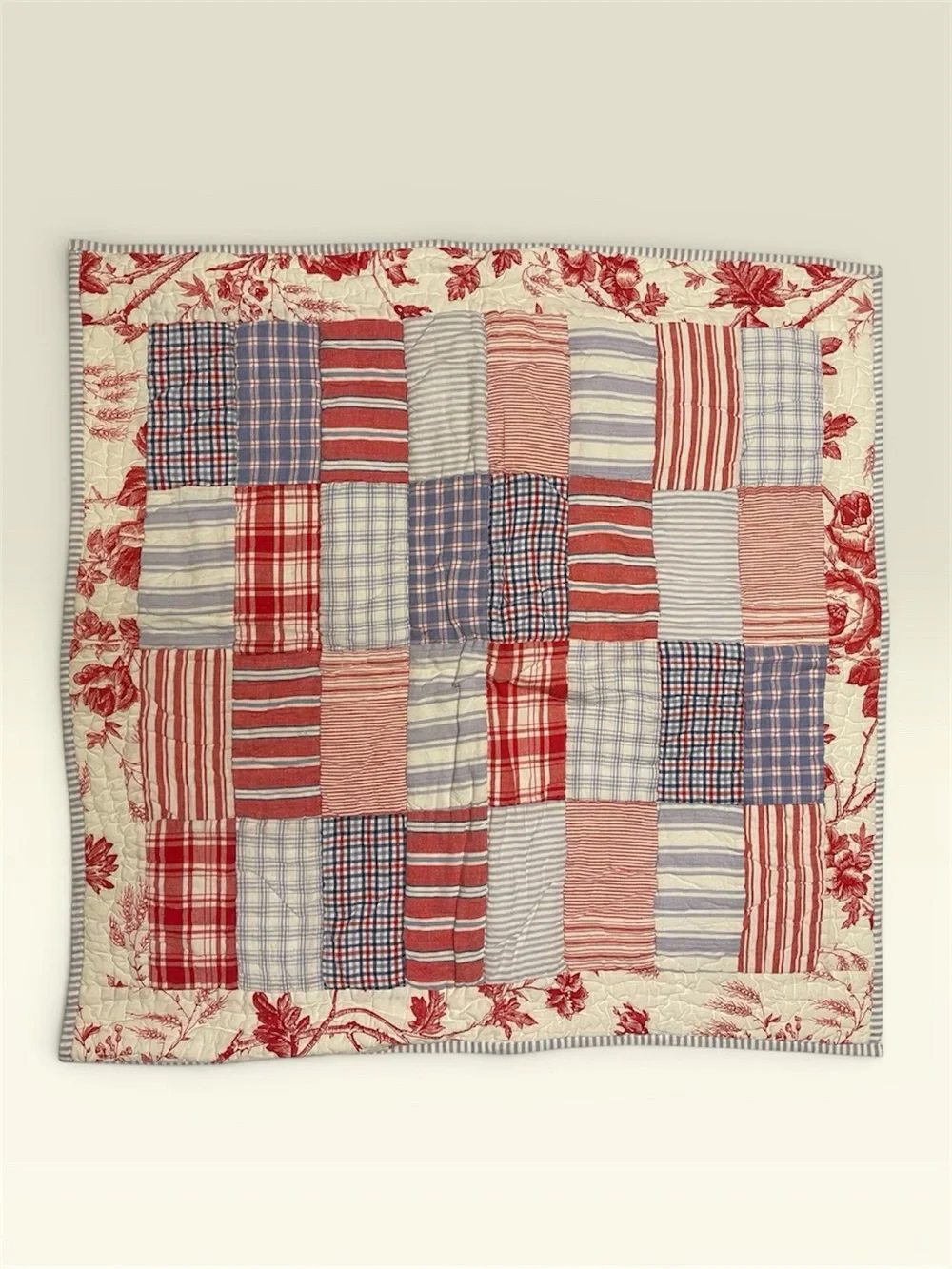Pottery Barn Red, Blue & Cream Patchwork Quilted Shams (2) 26x26 Americana Vibes